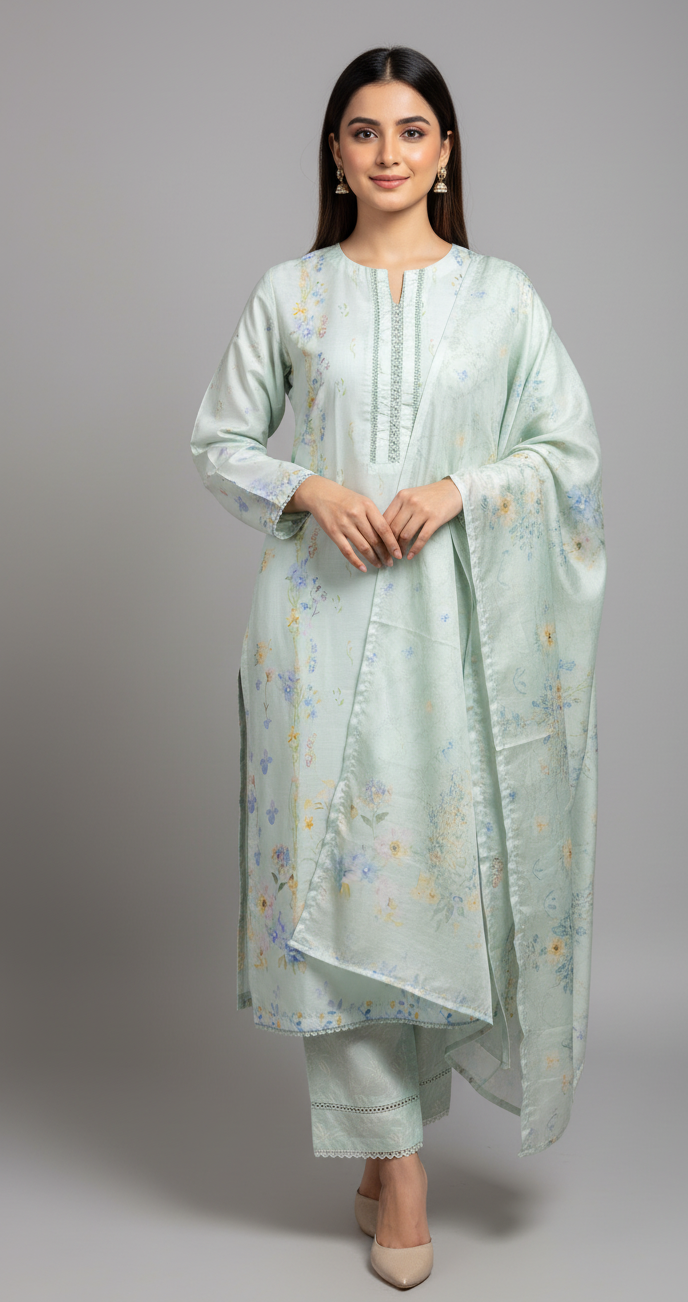 Ethereal Mint Green Crepe Silk Suit with Dupatta - Pastel Floral Print & Lace for Spring, Wedding & Party in UK | Pakistani Suits - Ibrahimis