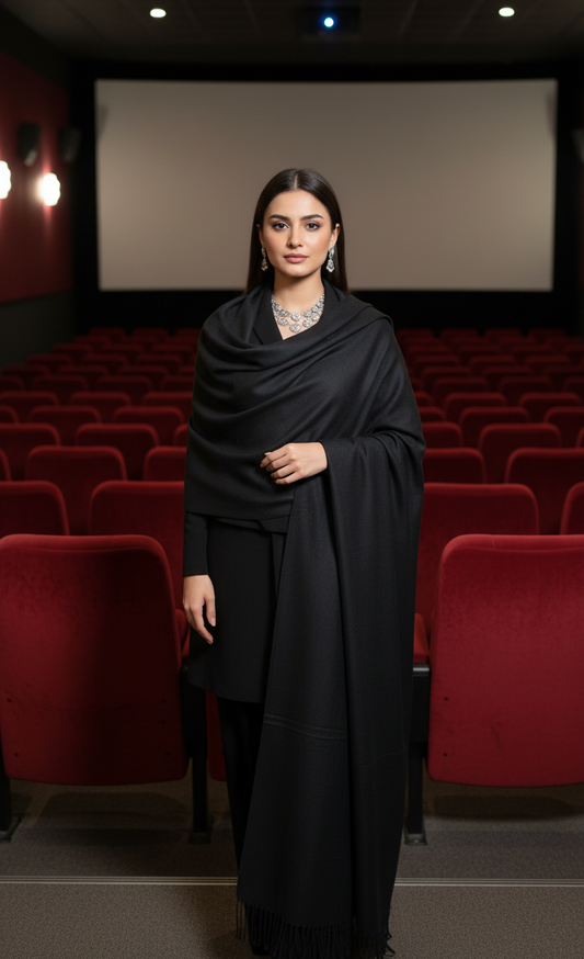 Classic Jet Black Pure Pashmina Wool Shawl | Hand-Woven Formal Stole in UK | Pakistani Shawls & Stoles - Ibrahimis