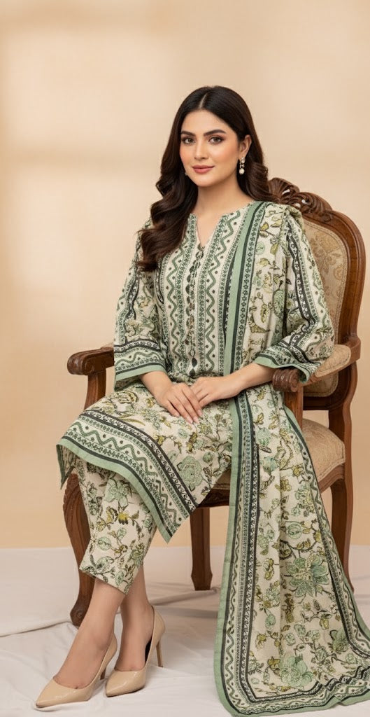 Elegant Cream & Olive Green Silk Co-ord Set UK - Printed Shalwar Kameez for Casual & Semi-Formal Wear in UK | Pakistani Suits - Ibrahimis