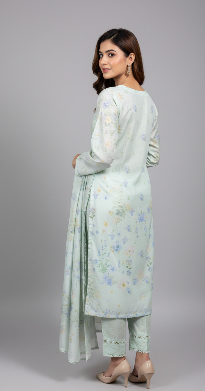 Ethereal Mint Green Crepe Silk Suit with Dupatta - Pastel Floral Print & Lace for Spring, Wedding & Party in UK | Pakistani Suits - Ibrahimis