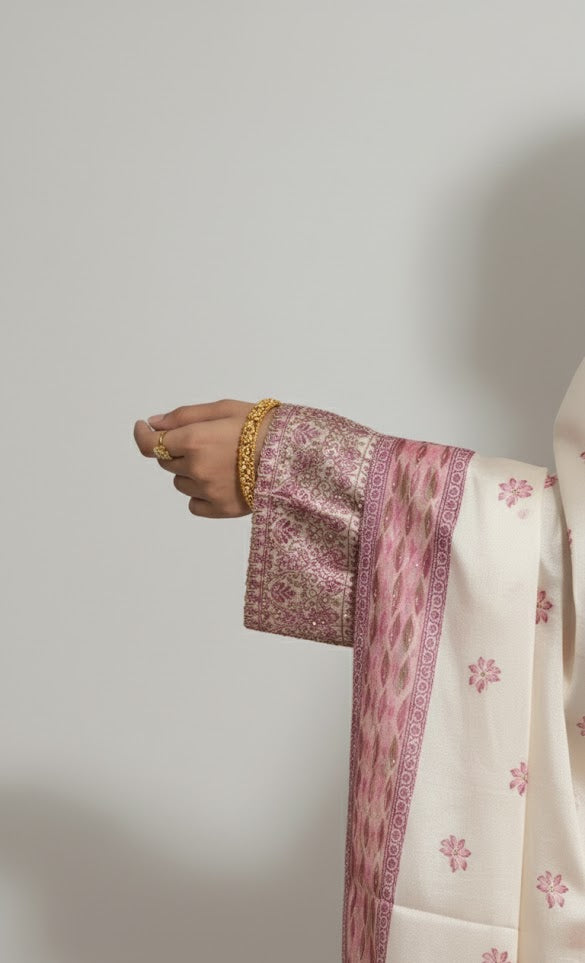 Pakistani Silk Shalwar Kameez Suit | Cream & Pink Printed Dupatta Set | Formal Party Wear UK | Pakistani Dresses - Ibrahimis