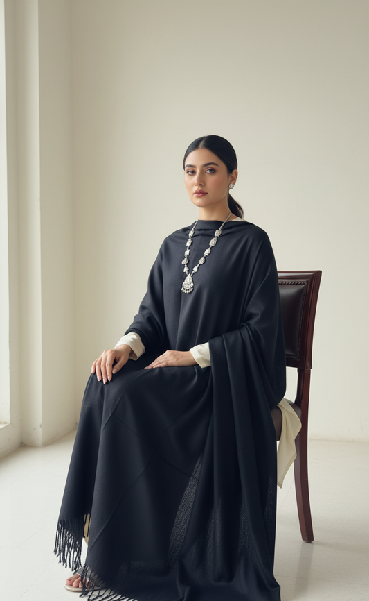 Classic Jet Black Pure Pashmina Wool Shawl | Hand-Woven Formal Stole in UK | Pakistani Shawls & Stoles - Ibrahimis