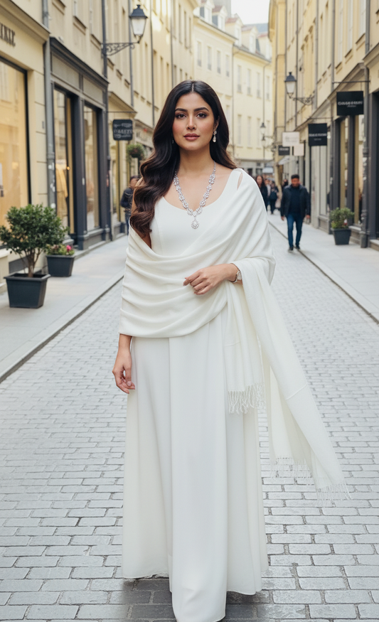 Pure Ivory White Pashmina Wool Shawl | Hand-Woven Bridal Cashmere Stole in UK | Pakistani Shawls & Stoles - Ibrahimis