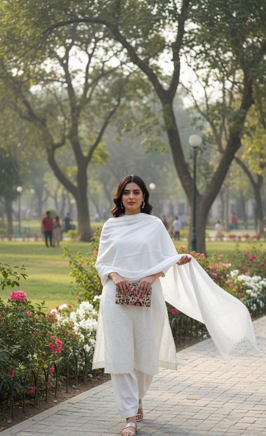 Pure Ivory White Pashmina Wool Shawl | Hand-Woven Bridal Cashmere Stole in UK | Pakistani Shawls & Stoles - Ibrahimis