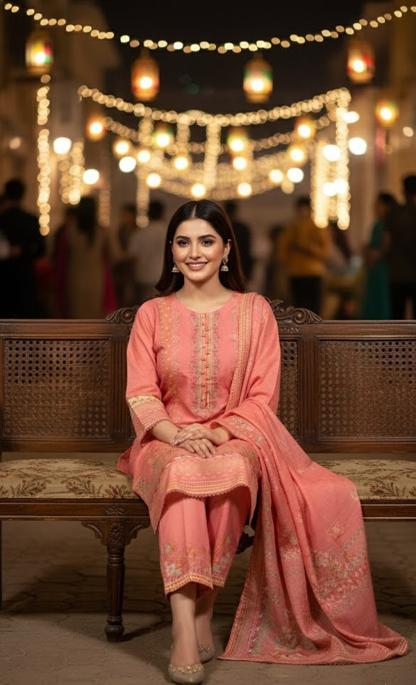 Elegant Coral Pink Crepe Silk Shalwar Kameez with Dupatta - Printed Formal Suit for Eid, Wedding & Party in UK | Pakistani Suits - Ibrahimis