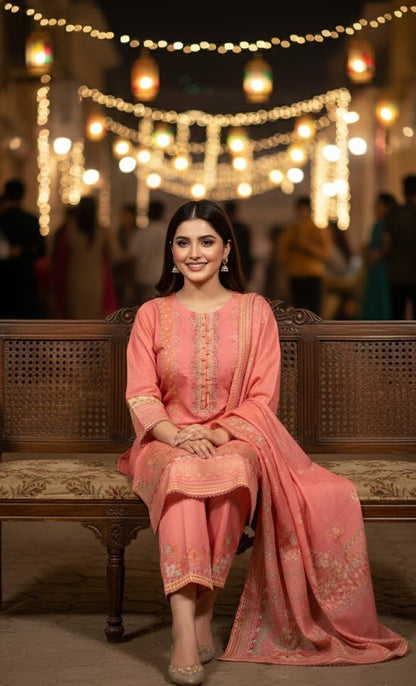 Elegant Coral Pink Crepe Silk Shalwar Kameez with Dupatta - Printed Formal Suit for Eid, Wedding & Party in UK | Pakistani Suits - Ibrahimis