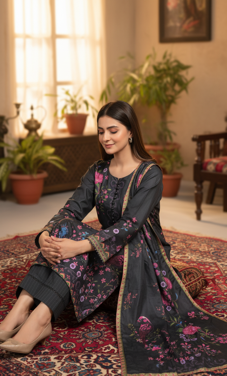 Striking Charcoal Black Crepe Silk Suit with Dupatta - Vibrant Floral Print & Lace for Formal, Party & Eid in UK | Pakistani Suits - Ibrahimis