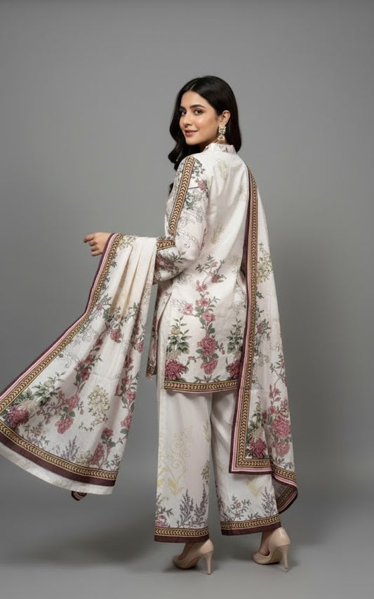 Elegant White & Maroon Silk Co-ord Set UK - Floral Printed Shalwar Kameez for Casual & Formal Events in UK | Pakistani Suits - Ibrahimis