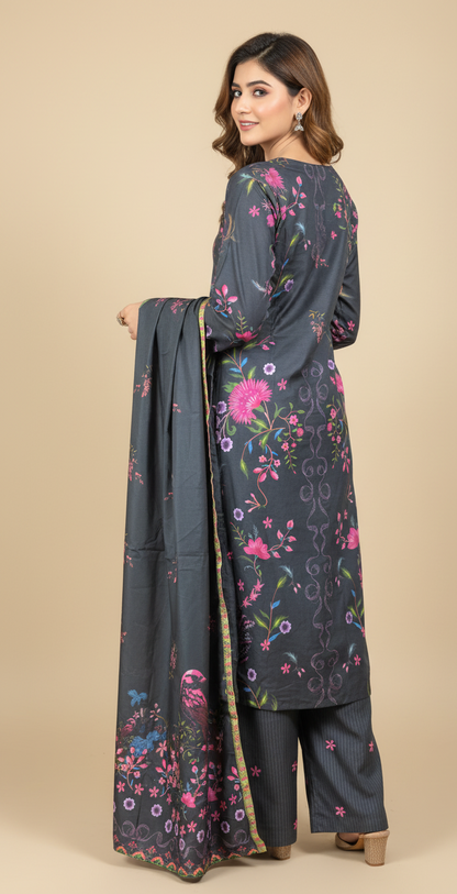 Striking Charcoal Black Crepe Silk Suit with Dupatta - Vibrant Floral Print & Lace for Formal, Party & Eid in UK | Pakistani Suits - Ibrahimis