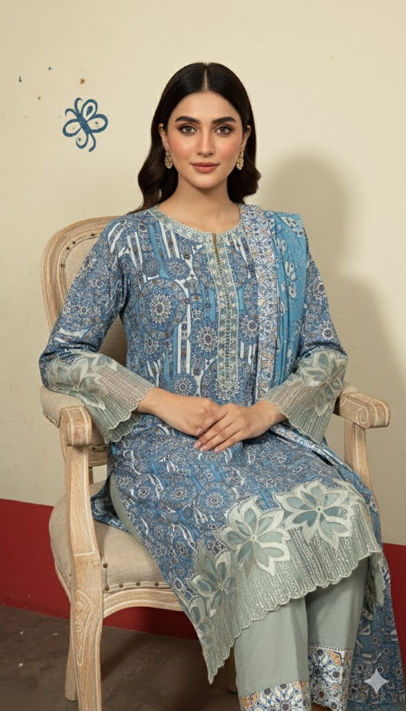 Stunning Blue & White Crepe Silk Shalwar Kameez with Dupatta - Embroidered Mandala Suit for Eid, Wedding & Party in UK | Pakistani Suits - Ibrahimis