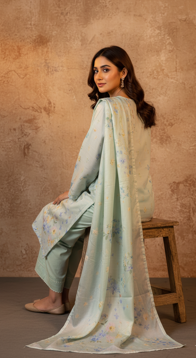 Ethereal Mint Green Crepe Silk Suit with Dupatta - Pastel Floral Print & Lace for Spring, Wedding & Party in UK | Pakistani Suits - Ibrahimis