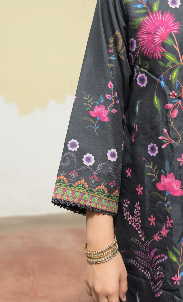 Striking Charcoal Black Crepe Silk Suit with Dupatta - Vibrant Floral Print & Lace for Formal, Party & Eid in UK | Pakistani Suits - Ibrahimis