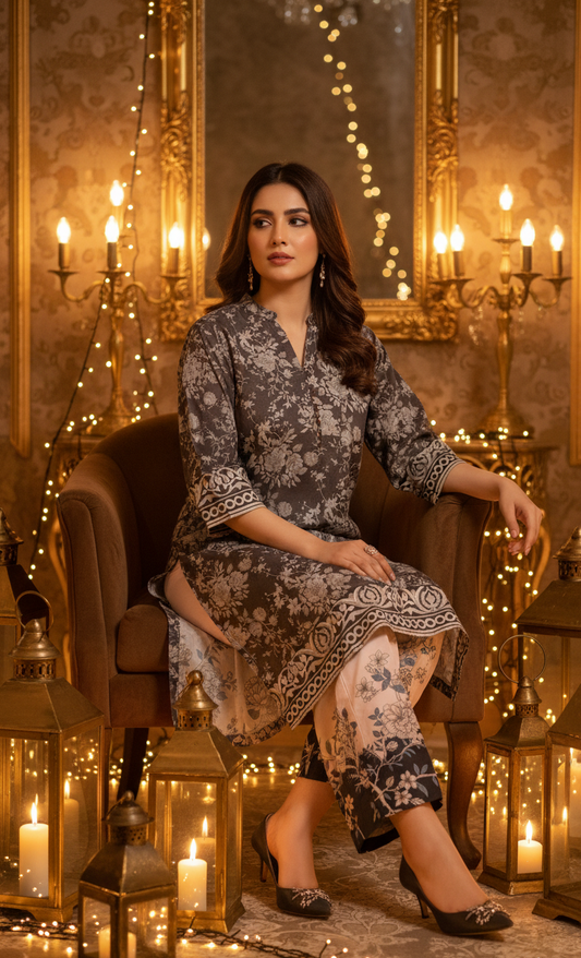 Chic Charcoal & White Silk Co-ord Set UK - Printed Floral Shalwar Kameez for Casual & Semi-Formal  in UK | Pakistani SuitsWear - Ibrahimis