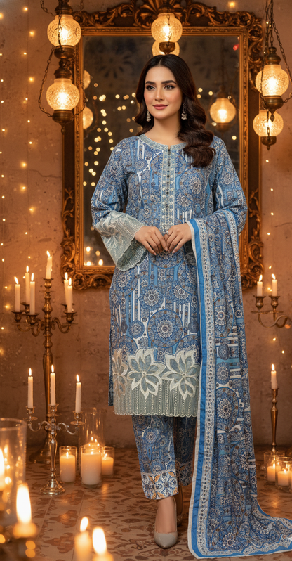 Stunning Blue & White Crepe Silk Shalwar Kameez with Dupatta - Embroidered Mandala Suit for Eid, Wedding & Party in UK | Pakistani Suits - Ibrahimis