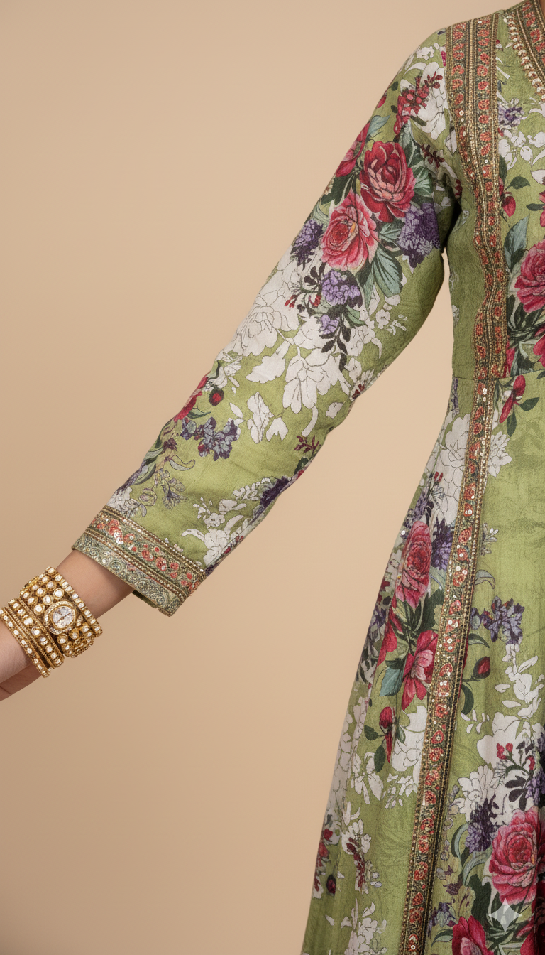 Stunning Lime Green Crepe Angrakha Frock with Dupatta - Embroidered Floral Suit for Wedding, Eid & Formal Party in UK | Pakistani Suits - Ibrahimis