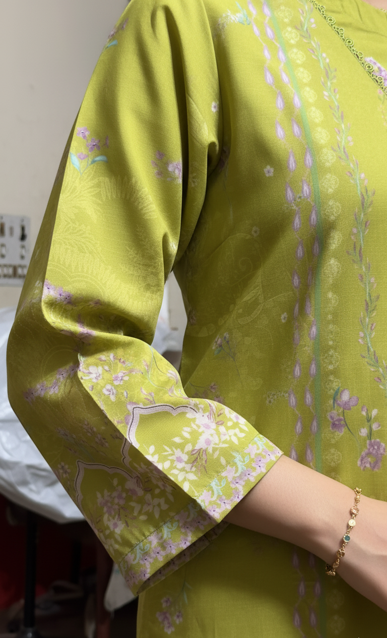 Vibrant Lime Green Crepe Silk Suit with Dupatta - Striped Print & Lace for Formal, Wedding & Party Wear in UK | Pakistani Suits - Ibrahimis