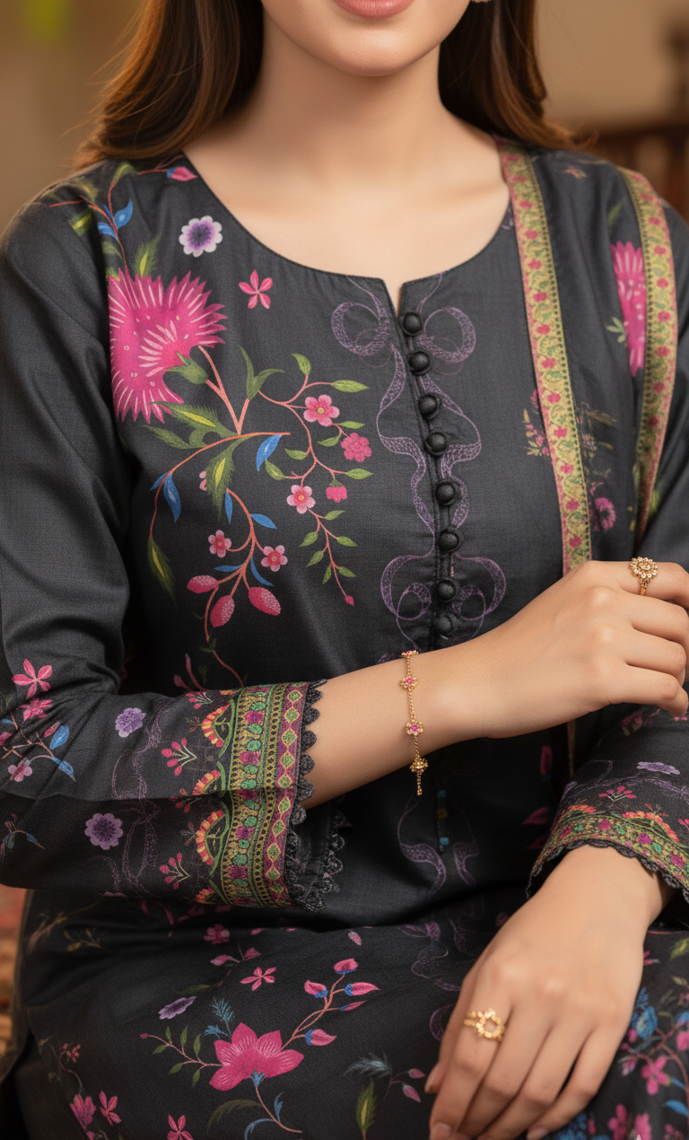 Striking Charcoal Black Crepe Silk Suit with Dupatta - Vibrant Floral Print & Lace for Formal, Party & Eid in UK | Pakistani Suits - Ibrahimis
