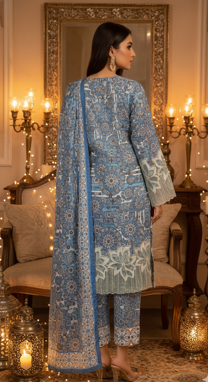 Stunning Blue & White Crepe Silk Shalwar Kameez with Dupatta - Embroidered Mandala Suit for Eid, Wedding & Party in UK | Pakistani Suits - Ibrahimis