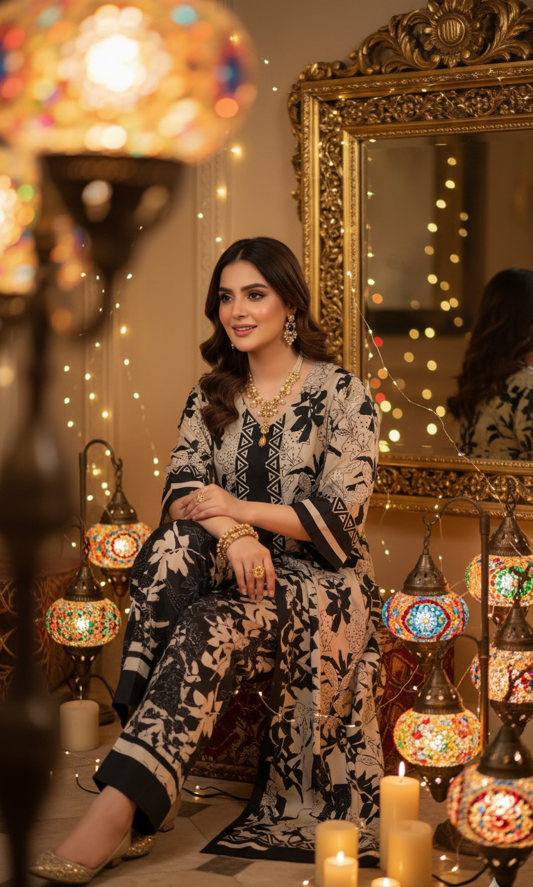 Monochrome Silk Co-ord Set UK - Black & Cream Floral Printed Shalwar Kameez for Formal & Casual Wear in UK | Pakistani Suits - Ibrahimis